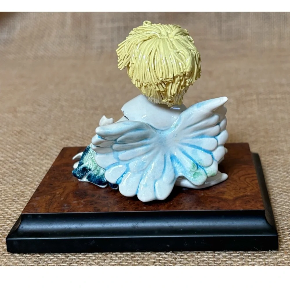 Signed Zampiva Porcelain Spaghetti Hair Angel Figurine Wood Mounted Italian